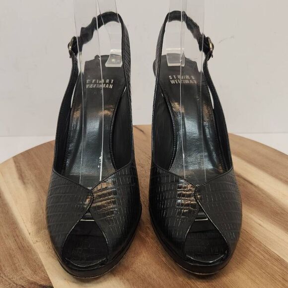 Stuart Weitzman Women's Peep Toe Embossed Block Heel Size 7 N Black - Picture 2 of 10